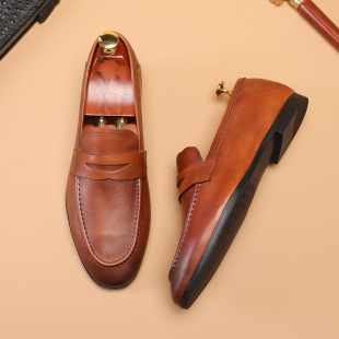 头层牛皮手工擦色一脚蹬英伦复古风皮鞋 男式 商务乐福鞋 2026春新品