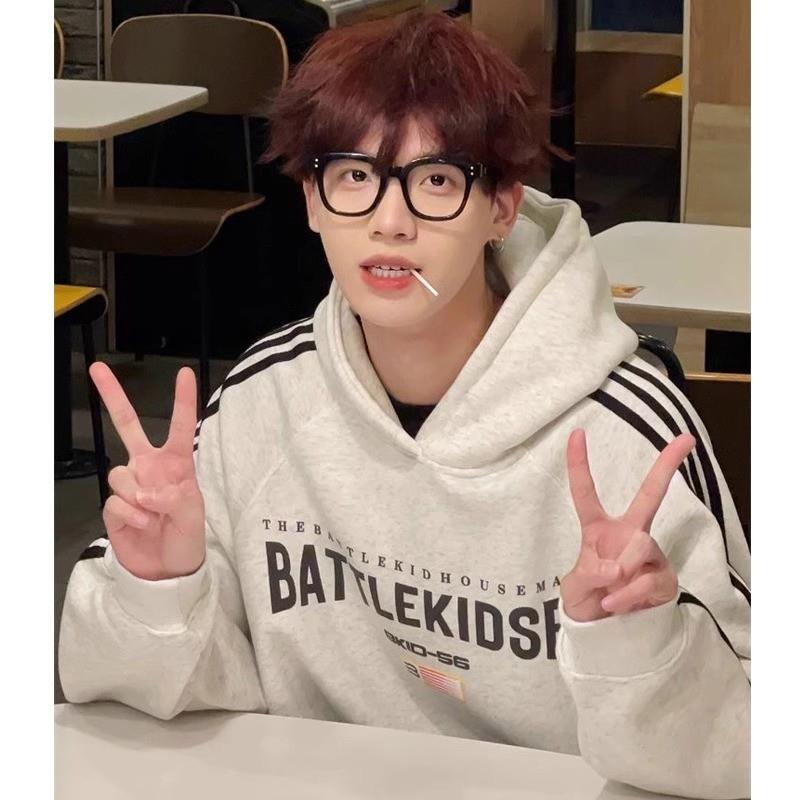 美式复古高街痞帅潮牌条纹连帽加绒卫衣男生秋冬重磅纯棉休闲外套