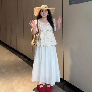 气质温柔风蛋糕半身裙套装 大码 衬衫 胖mm夏季 女 度假风宽松甜美短袖