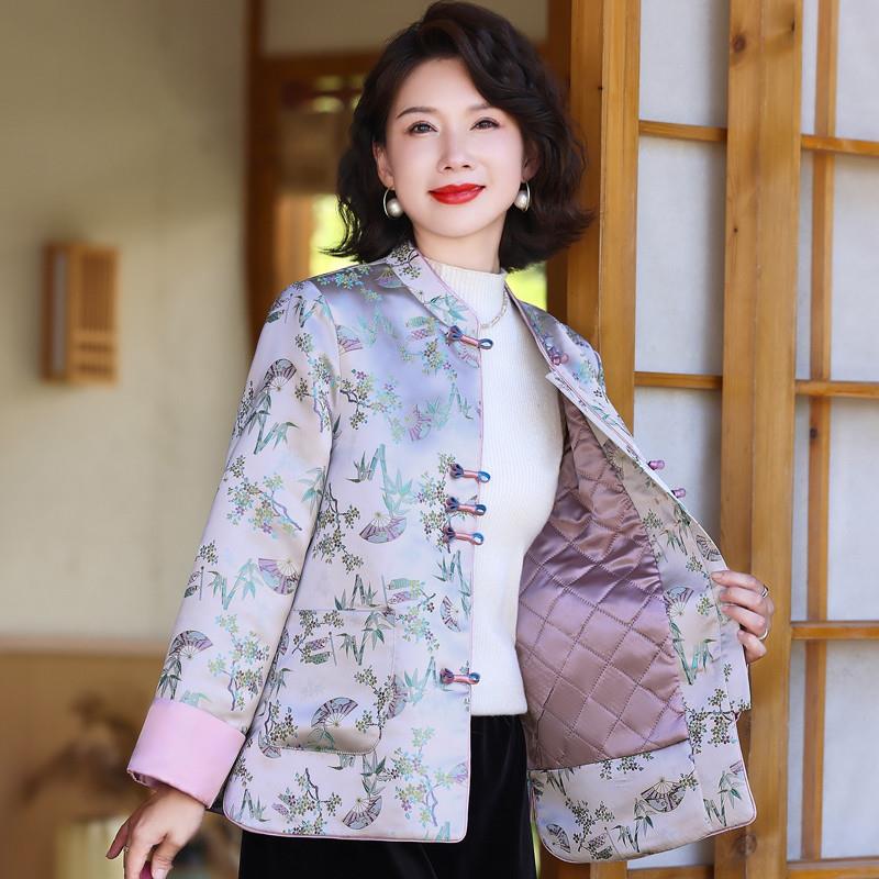 新中式妈妈秋装加棉外套2024新款上衣中老年女秋冬国风唐装薄棉衣