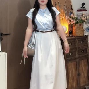 蓝色短袖 大码 女春季 时尚 衬衣微胖MM高腰显瘦白色半身裙两件套 套装