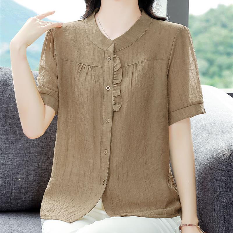 高端棉麻短袖衬衫女士2025新款妈妈夏装衬衣妈妈洋气小衫亚麻上衣