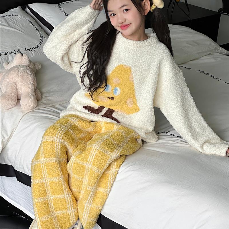 女童睡衣珊瑚绒2025新款初中生冬季加绒加厚套装女孩法兰绒家居服