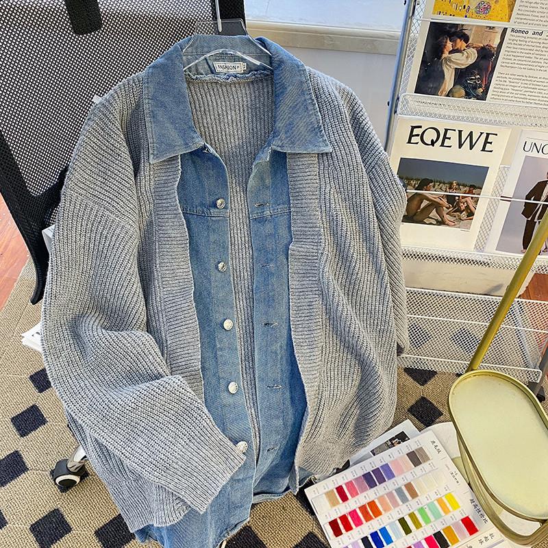 假两件牛仔拼接针织衫男2023秋冬季潮牌慵懒翻领毛衣宽松开衫外套