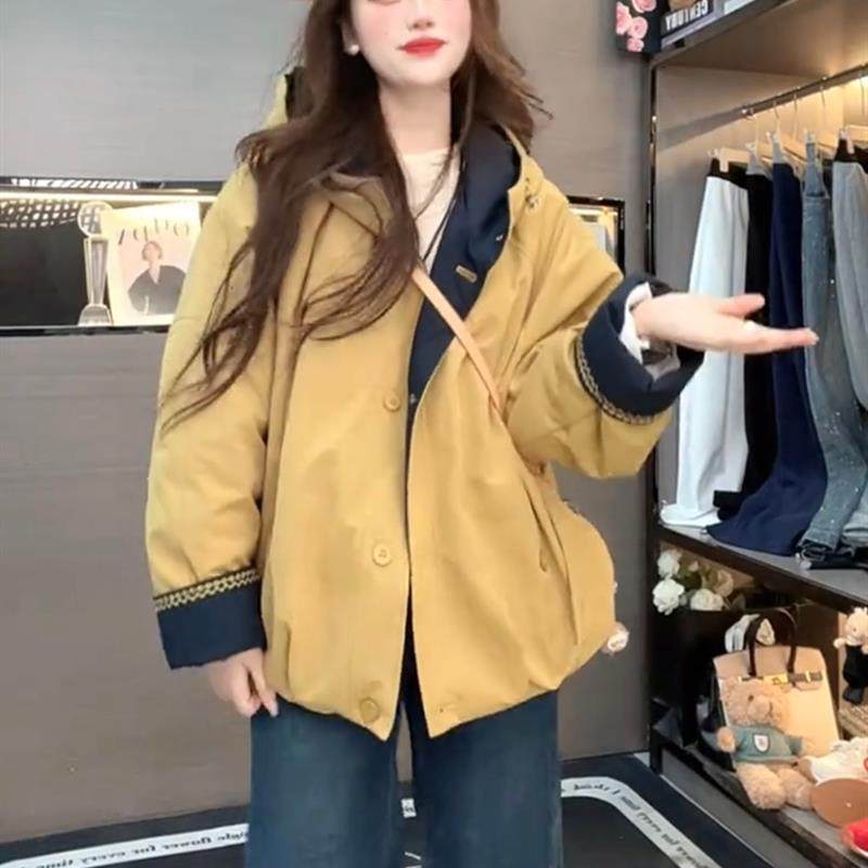 撞色连帽加绒加厚短外套女2025秋冬季新款小个子休闲百搭棉衣上衣,女装/女士精品,短外套,淘宝优惠券,粉丝福利购,淘宝优惠卷
