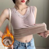 弹力内搭上衣打底衫 蕾丝保暖背心女加绒加厚秋冬季 带胸垫防寒无袖
