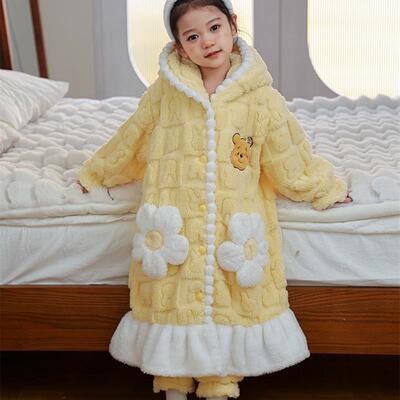 儿童睡袍珊瑚绒冬装加厚家居服中大童法兰绒加长款女孩睡衣可外穿