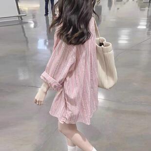 粉色条纹衬衫女款2026新款爆款设计感小众慵懒风上衣防晒衬衫外套