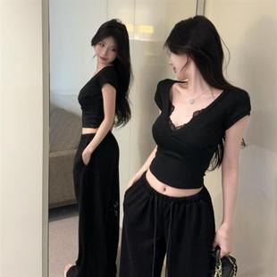 純欲修身 辣妹黑色V領(lǐng)拼接蕾絲短袖 T恤女夏季 薄款 上衣 露臍顯瘦短款