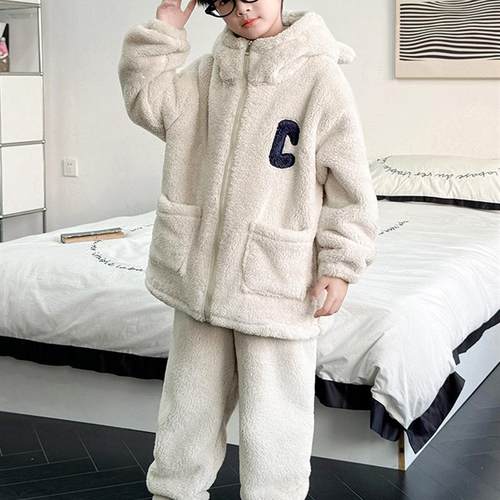 男童秋冬款法兰绒睡衣套装2025新款冬季加绒加厚儿童珊瑚绒家居服