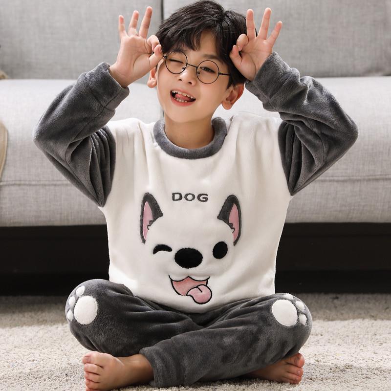 儿童法兰绒睡衣加厚冬款男孩秋冬季加绒套装珊瑚绒男童家居服大童