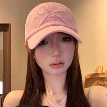 粥可可粉色蝴蝶结刺绣鸭舌帽女夏季新款大头围棒球帽防晒遮阳帽子