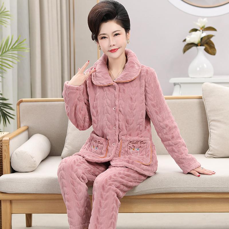 珊瑚绒睡衣女秋冬季加绒加厚中老年春秋款法兰绒可外穿保暖家居服