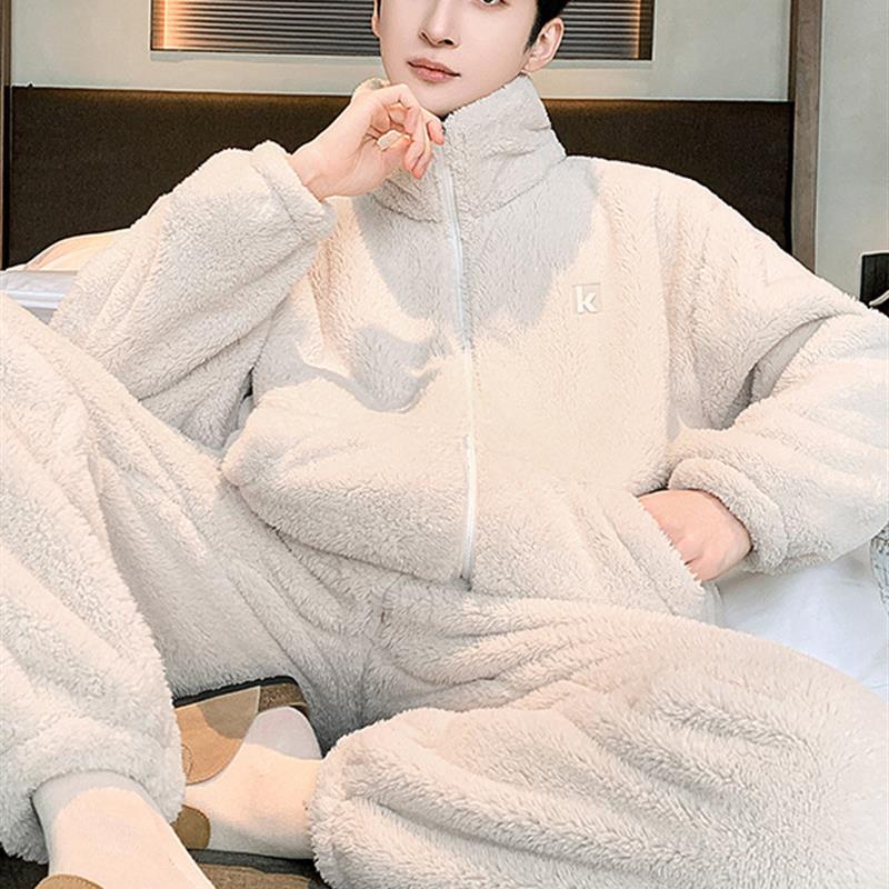 男士珊瑚绒睡衣秋冬季新款加绒加厚法兰绒保暖可外穿家居服套装