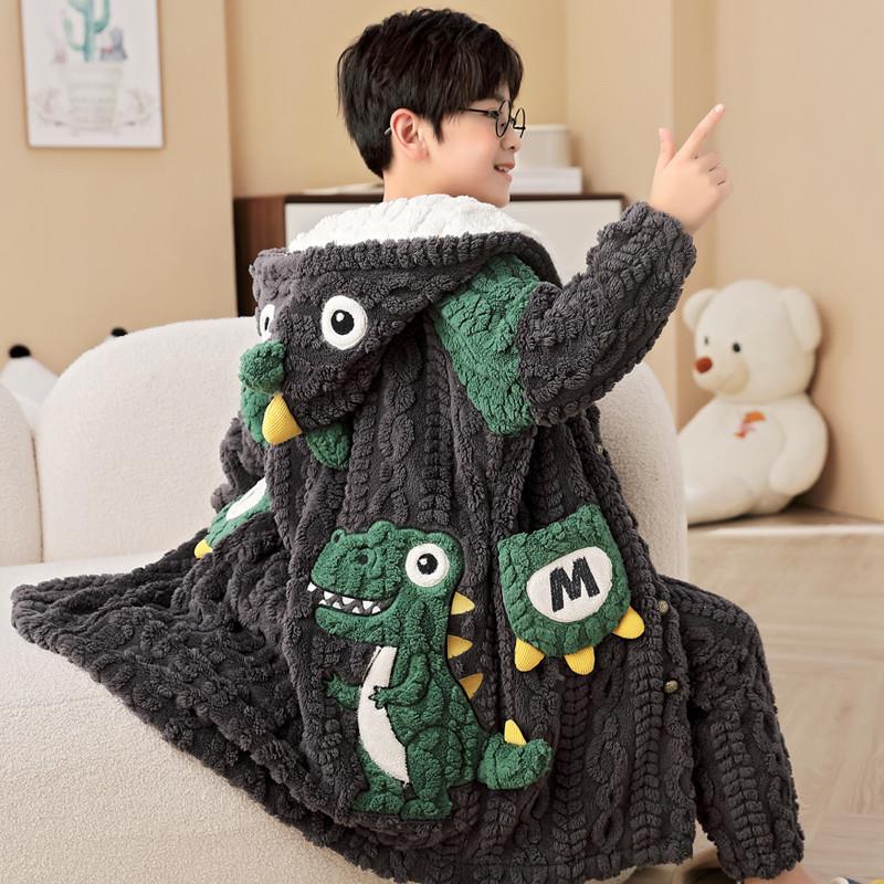 男童睡衣冬季法兰绒长袍加厚款秋冬珊瑚绒儿童睡袍男孩家居服套装