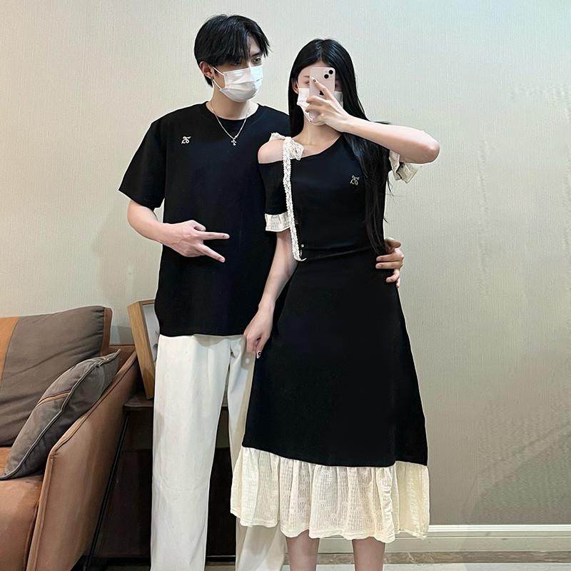 法式情侣装夏季ins短袖收腰露肩T恤连衣裙女假两件高级感一裙一衣,女装/女士精品,连衣裙,淘宝优惠券,粉丝福利购,淘宝优惠卷