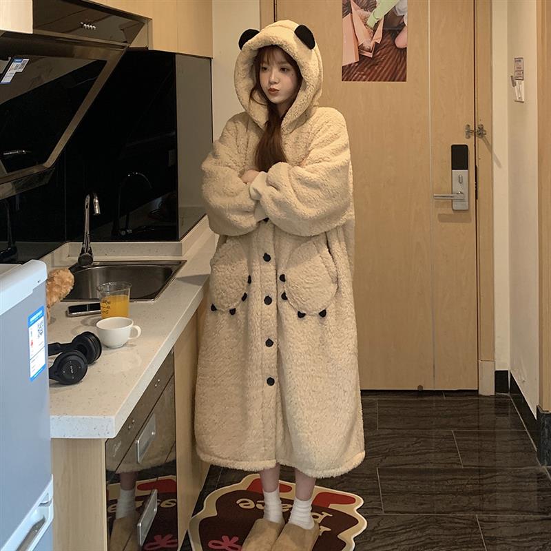 冬季小熊珊瑚绒睡袍女秋冬款2025新款加绒加厚睡衣长袍家居服冬天
