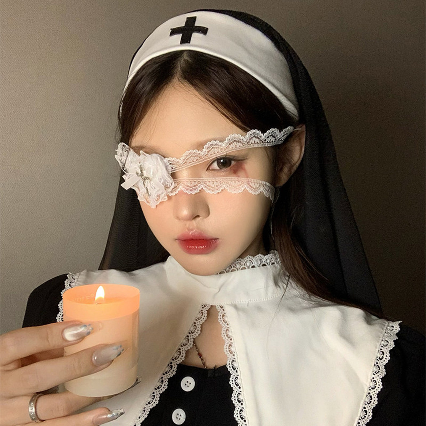 蕾丝眼罩修女暗黑系哥特白色蕾丝爱心眼罩修女cos洛丽塔拍照道具