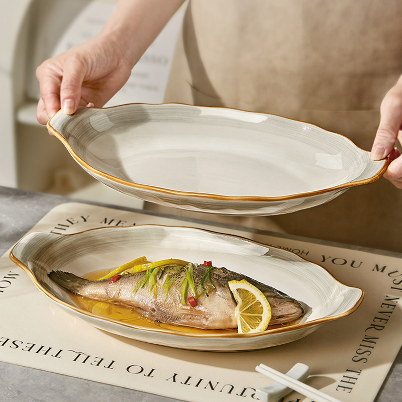 蒸鱼专用鱼盘陶瓷鱼盘家用蒸鱼盘子高级感网红鱼碟子双耳鱼碟