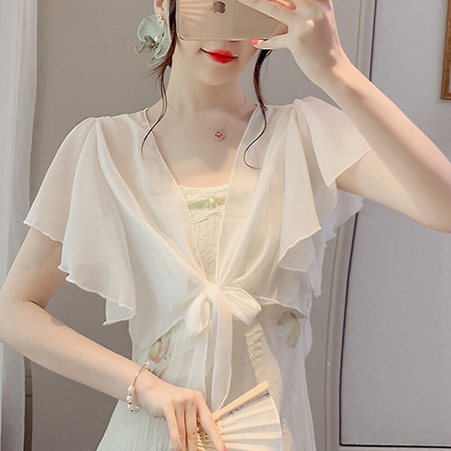 披肩夏季薄款高级感防晒衣开衫小披肩外搭短款泡泡袖防晒服短衬衫