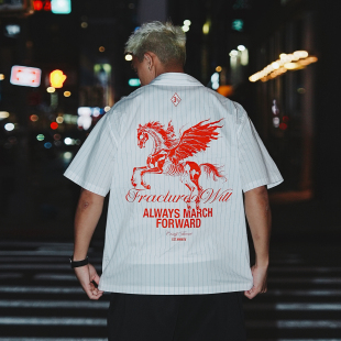 美式 新款 休闲复古街头竖条纹背面大印花飞马短袖 男夏季 衬衫 OOTC