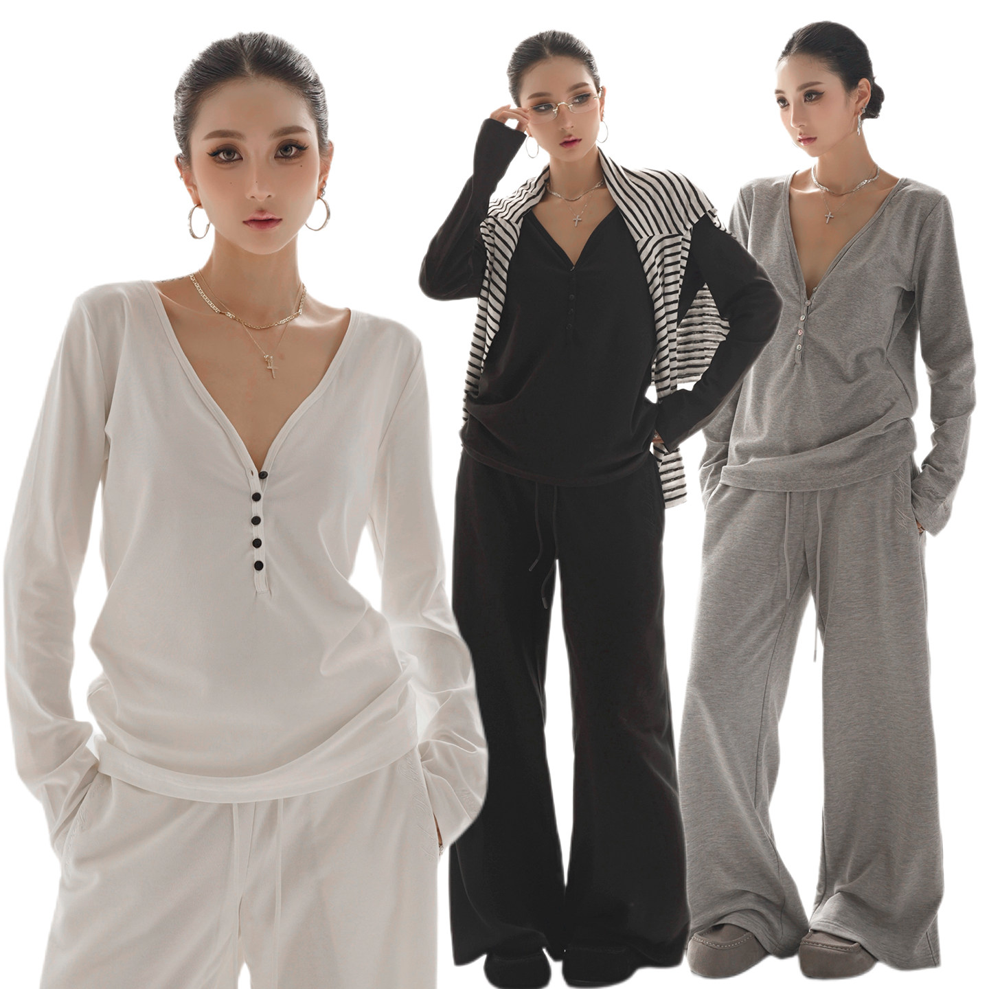 OOTC 老钱风休闲女装亨利衫V领打底衫上衣简约气质女款长袖秋冬款