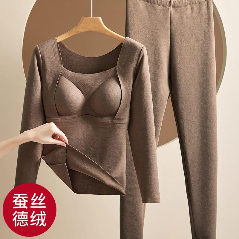 羊毛蚕丝发热德绒保暖内衣女士套装加绒加厚带胸垫一体秋衣秋裤女