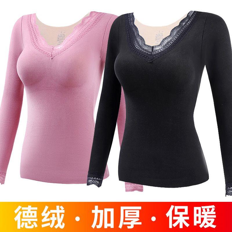 秋冬保暖内衣女带胸垫加绒加厚德绒无痕打底衫长袖发热保暖衣套装