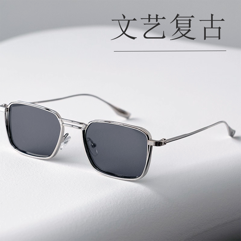 复古港风墨镜男方框金属银框时尚街拍潮流防紫外线遮阳太阳眼镜女