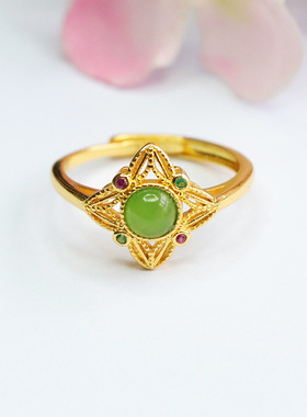 天然和田玉碧玉戒指四角星指环指圈女复古民族风饰品戒圈时尚礼物