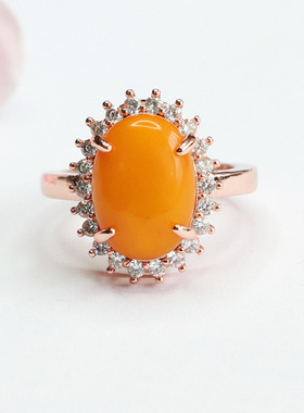 天然琥珀戒指满蜜满蜡蜜蜡蛋面指环指圈女士复古民族风饰品礼物