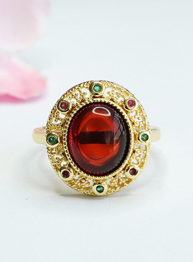 天然琥珀戒指血珀指环指圈新中式民族风手饰品女士款时尚个性礼物