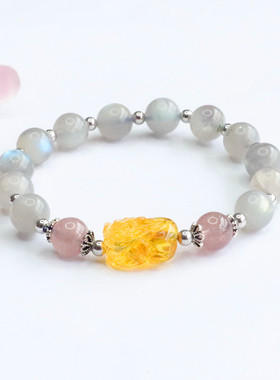 天然灰月光拉长石强蓝光手串金珀招财进宝瑞兽貔貅手链男女士饰品