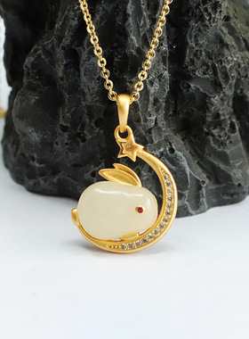 S925银镶天然和田玉兔子吊坠玉兔星月项链女士款礼品气质简约饰品