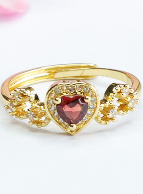 天然酒红石榴石戒指女人石爱心水晶指环珠宝男女士本命年百搭饰品