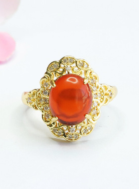 天然琥珀戒指血珀指环指圈宫廷风珠宝女士款礼品气质文雅大气饰品