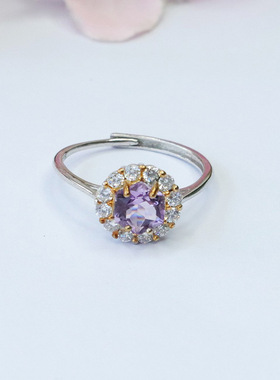 S925银镶天然紫水晶戒指紫色彩宝指环女款复古民族风饰品节日礼物