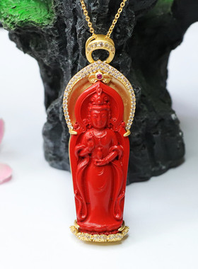 天然朱砂普度众生站观音吊坠红砂项链新中式民族风男士古风饰品