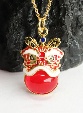 冰种红玛瑙事事如意醒狮吊坠水晶玛瑙国潮项链挂件民族风女士款