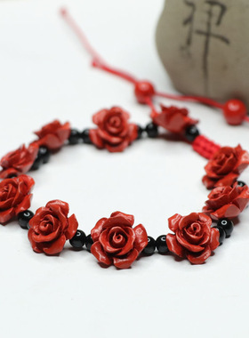朱砂玫瑰花女神款甜美风手链红砂吉祥纳福手串珠宝饰品送女友礼物