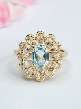 天然托帕石戒指欧美蓝色宝石指环玉石指圈复古民族风饰品节日礼物