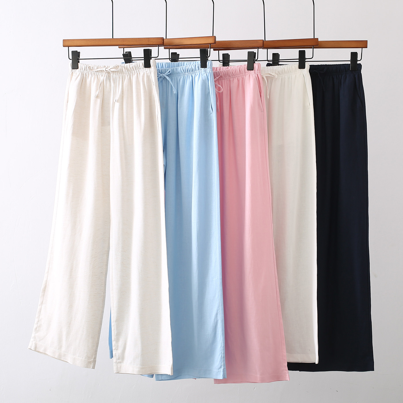 西班牙单！19.99欧！亚麻混纺薄款松紧腰系带宽松直筒休闲裤女