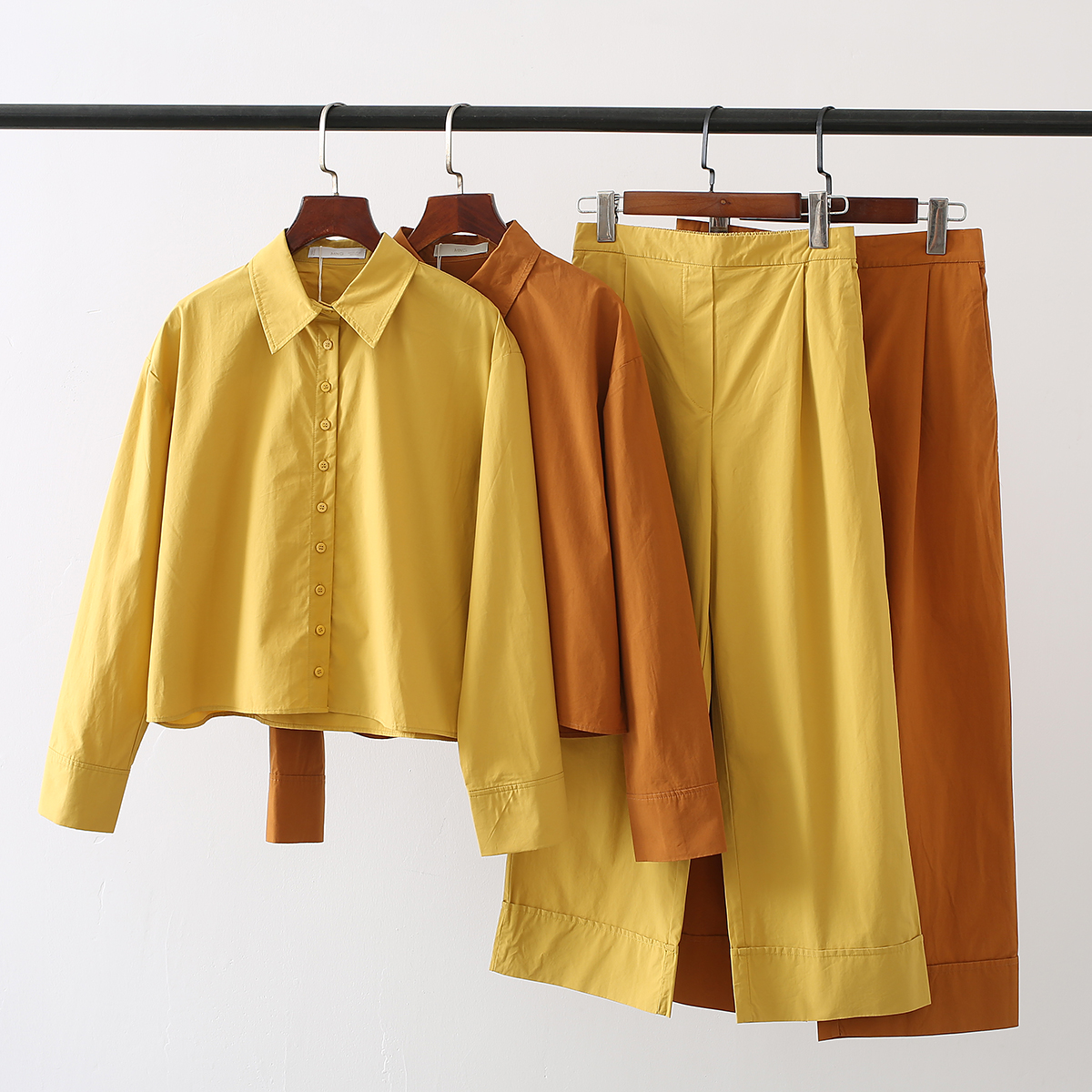 西班牙单!JI简休闲全棉宽松廓形短款长袖衬衫直筒九分裤套装女