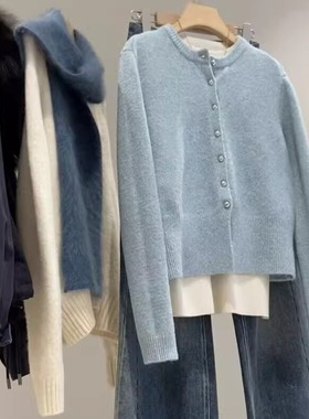 走戏班牙！秋冬百搭基础款羊毛混纺奶蓝色针织开衫外套女