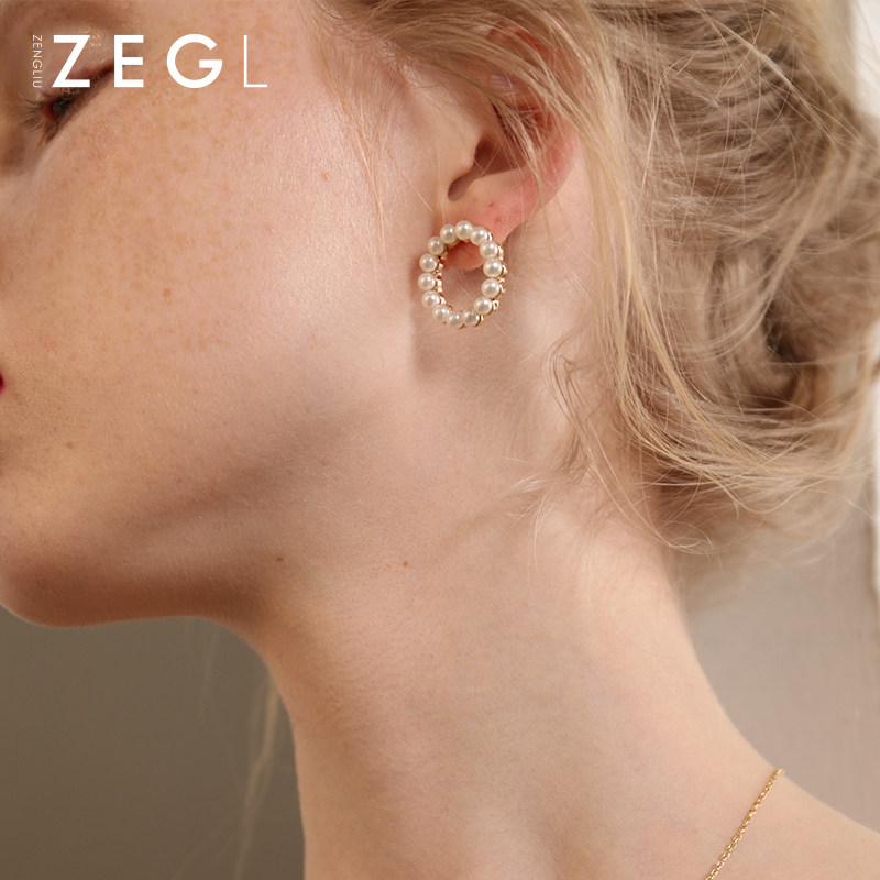 ZENGLIU气质名媛圆圈圈耳环女秋冬高级感法式仿珍珠耳钉复古耳饰