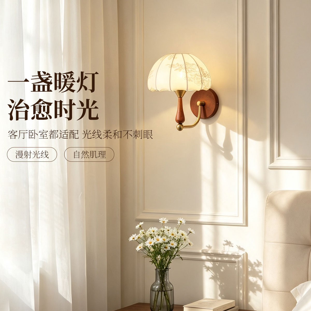 中古风蘑菇布艺印花原木壁灯图片