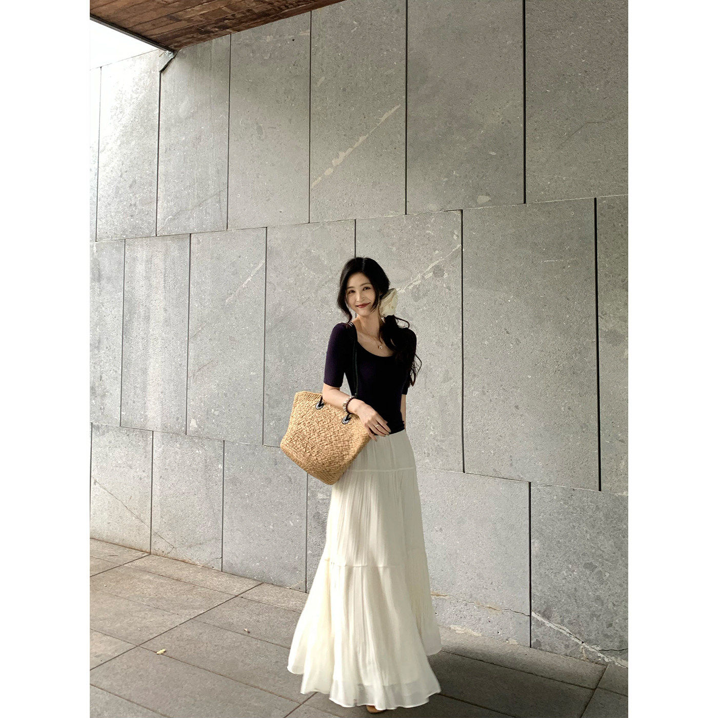 林妍儿白月光~重工压褶白色雪纺半身裙女夏温柔气质垂感百褶长裙