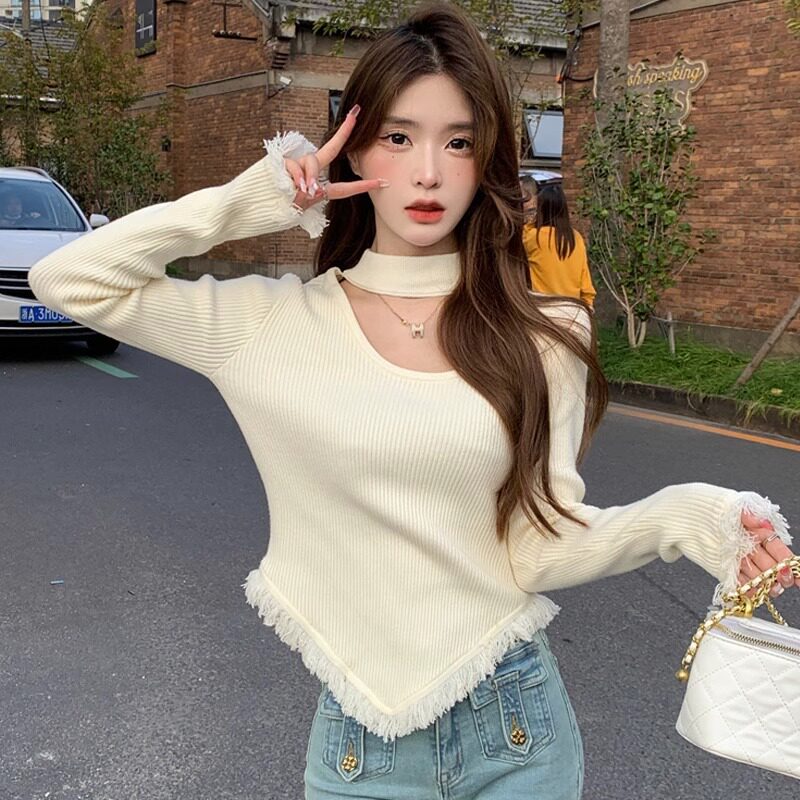 秋冬纯欲性感挂脖流苏针织打底毛衣衫女设计感修身内搭长袖上衣