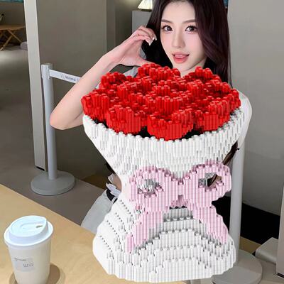 新款积木花束拼插花女孩子国潮拼装玩具摆件玫瑰花情人节生日礼物