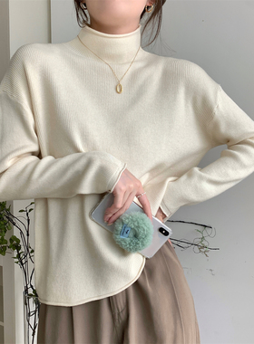 半高领打底衫女秋季2026新款韩版宽松软糯卷边设计长袖针织衫上衣